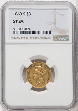 1860-S $3 Three Dollar Gold Pieces NGC XF45
