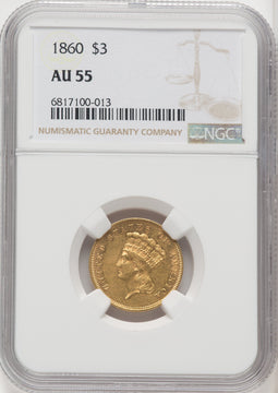 1860 $3 Three Dollar Gold Pieces NGC AU55