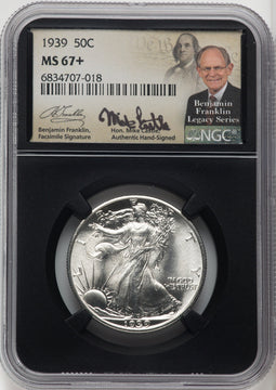 1939 50C Mike Castle Blk Core Franklin Series Walking Liberty Half Dollar NGC MS67+