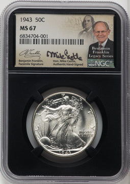 1943 50C Mike Castle Blk Core Franklin Series Walking Liberty Half Dollar NGC MS67