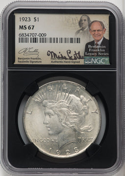 1923 $1 Mike Castle Blk Core Franklin Series Peace Dollar NGC MS67