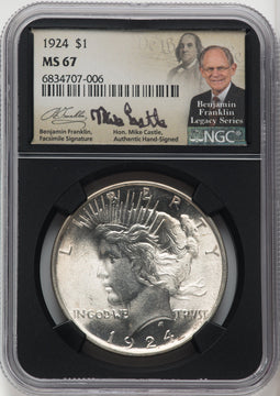 1924 Mike Castle Blk Core Franklin Series Peace Dollar NGC MS67