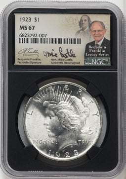 1923 $1 Mike Castle Blk Core Franklin Series Peace Dollar NGC MS67 (764033024)