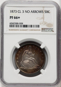 1873 50C NO ARROWS Proof Seated Half Dollar NGC PR66+