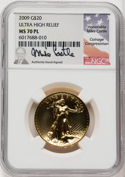 2009 $20 One-Ounce Gold Ultra High Relief PL Mike Castle NGC MS70