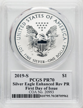 2019-S S$1 Silver Eagle Reverse Proof First Day of Issue Jim Licaretz PCGS PR70