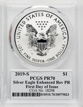 2019-S S$1 Silver Eagle Reverse Proof First Day of Issue Gary Whitley Signature PCGS PR70