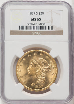 1857-S $20 Liberty Double Eagle NGC MS65