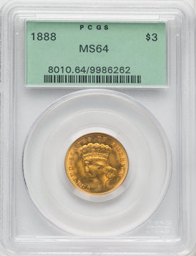 1888 $3 Three Dollar Gold Pieces PCGS MS64
