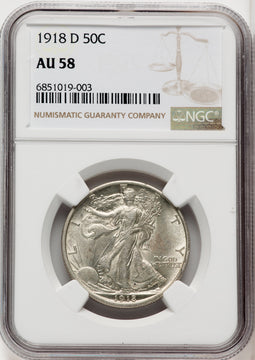 1918-D 50C Walking Liberty Half Dollar NGC AU58