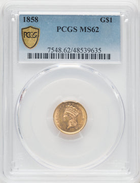 1858 G$1 Gold Dollar PCGS MS62