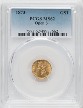 1873 G$1 OPEN 3 Gold Dollar PCGS MS62