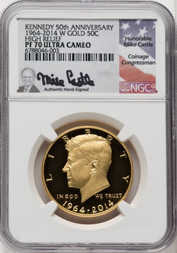 2014-W 50C Kennedy Gold 50th Anniversary Mike Castle Proof Kennedy Half Dollar NGC PF70