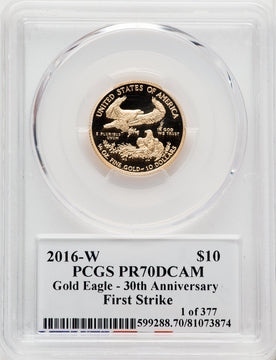 2016-W $10 Quarter-Ounce Gold Eagle 30th Anniversary First Strike PCGS PR70 Moy Signed