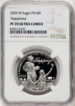 2020-W $100 One Ounce Platinum Eagle Happiness PRDC Brown Label NGC PF70