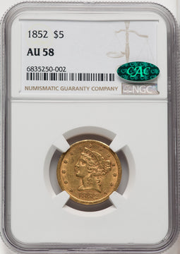 1852 $5 CAC Liberty Half Eagle NGC AU58