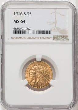 1916-S $5 Indian Half Eagle NGC MS64