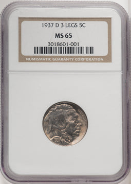 1937-D 5C Three-Legged FS-901 Buffalo Nickel NGC MS65 (767552001)