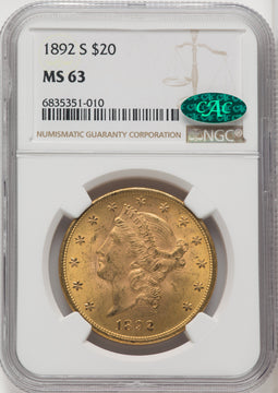 1892-S $20 CAC Liberty Double Eagle NGC MS63