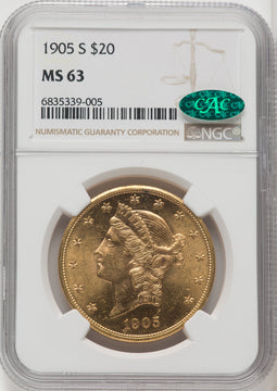 1905-S $20 CAC Liberty Double Eagle NGC MS63
