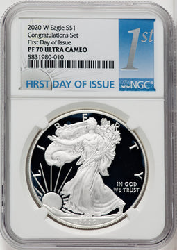 2020-W S$1 Silver Eagle First Day of Issue PRDC NGC PF70