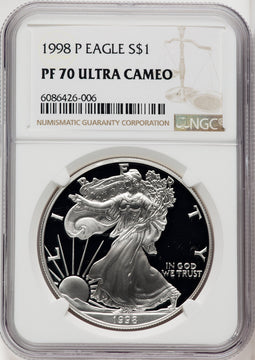 1998-P S$1 Silver Eagle Brown Label NGC PF70