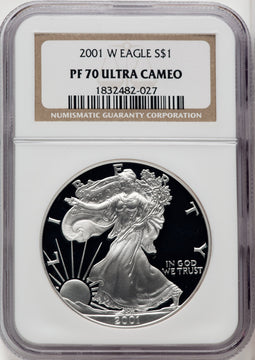 2001-W S$1 Silver Eagle Brown Label NGC PF70