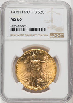 1908-D $20 MOTTO Saint-Gaudens Double Eagle NGC MS66