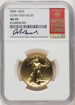 2009 $20 One-Ounce Gold Ultra High Relief Twenty Dollar Jeff Garrett Red Book NGC MS70