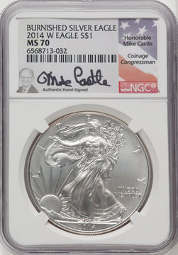 2014-W S$1 Silver Eagle Burnished Mike Castle NGC MS70