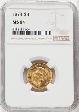 1878 $3 Three Dollar Gold Pieces NGC MS64 (766863012)