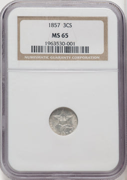1857 3CS Brown Label Three Cent Silver NGC MS65