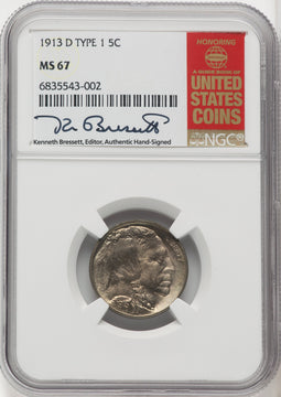 1913-D Type One 5C Kenneth Bressett Red Book Buffalo Nickel NGC MS67 (766927002)