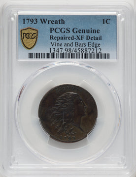 1793 Wreath 1C Vine and Bars Edge BN Genuine Large Cent Genuine PCGS VF20