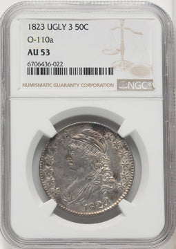 1823 50C Ugly 3 O-110a Bust Half Dollar NGC AU53