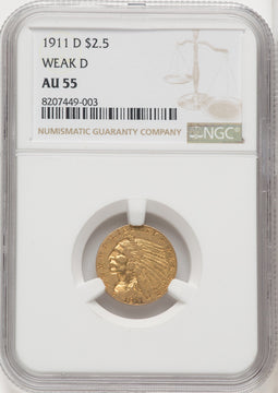 1911-D $2.50 WEAK D Indian Quarter Eagle NGC AU55 (767656007)