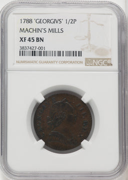 '1788' Machin's Mills Halfpenny BN Colonials NGC XF45