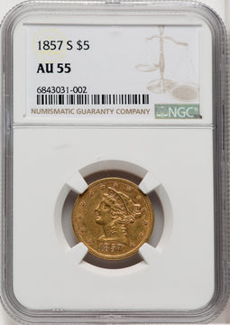 1857-S $5 Liberty Half Eagle NGC AU55