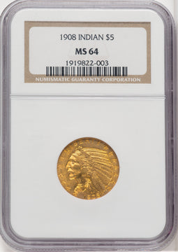 1908 $5 Indian Indian Half Eagle NGC MS64