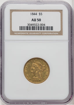 1844 $5 Liberty Half Eagle NGC AU50