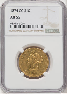 1874-CC $10 Liberty Eagle NGC AU55