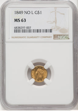 1849 G$1 NO L Gold Dollar NGC MS63