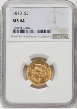 1878 $3 Three Dollar Gold Pieces NGC MS64 (764026076)
