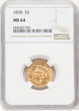 1878 $3 Three Dollar Gold Pieces NGC MS64 (767997002)