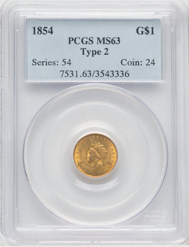 1854 G$1 Type Two Gold Dollar PCGS MS63