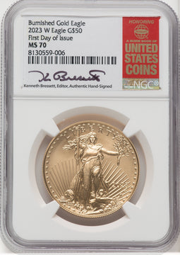 2023-W Burnished Gold Eagle 1 oz FDI Kenneth Bressett Red Book NGC MS70