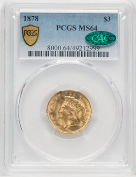 1878 $3 CAC Three Dollar Gold Pieces PCGS MS64 (768706001)