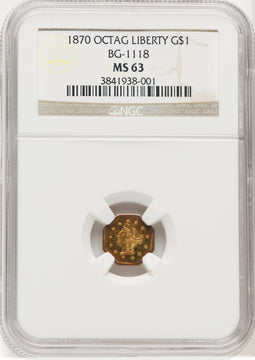 1870 Goofy Head Octagonal 1 Dollar BG-1118 Low R.5 California Fractional Gold NGC MS63
