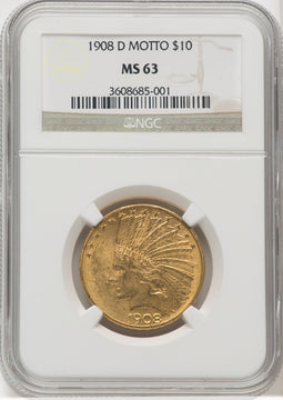 1908-D $10 MOTTO Indian Eagle NGC MS63