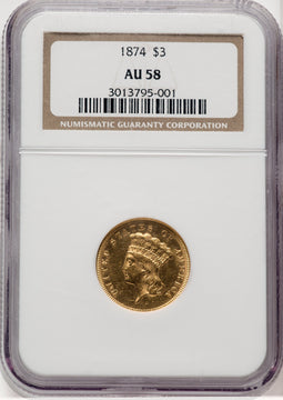 1874 $3 Three Dollar Gold Pieces NGC AU58 (506343001)